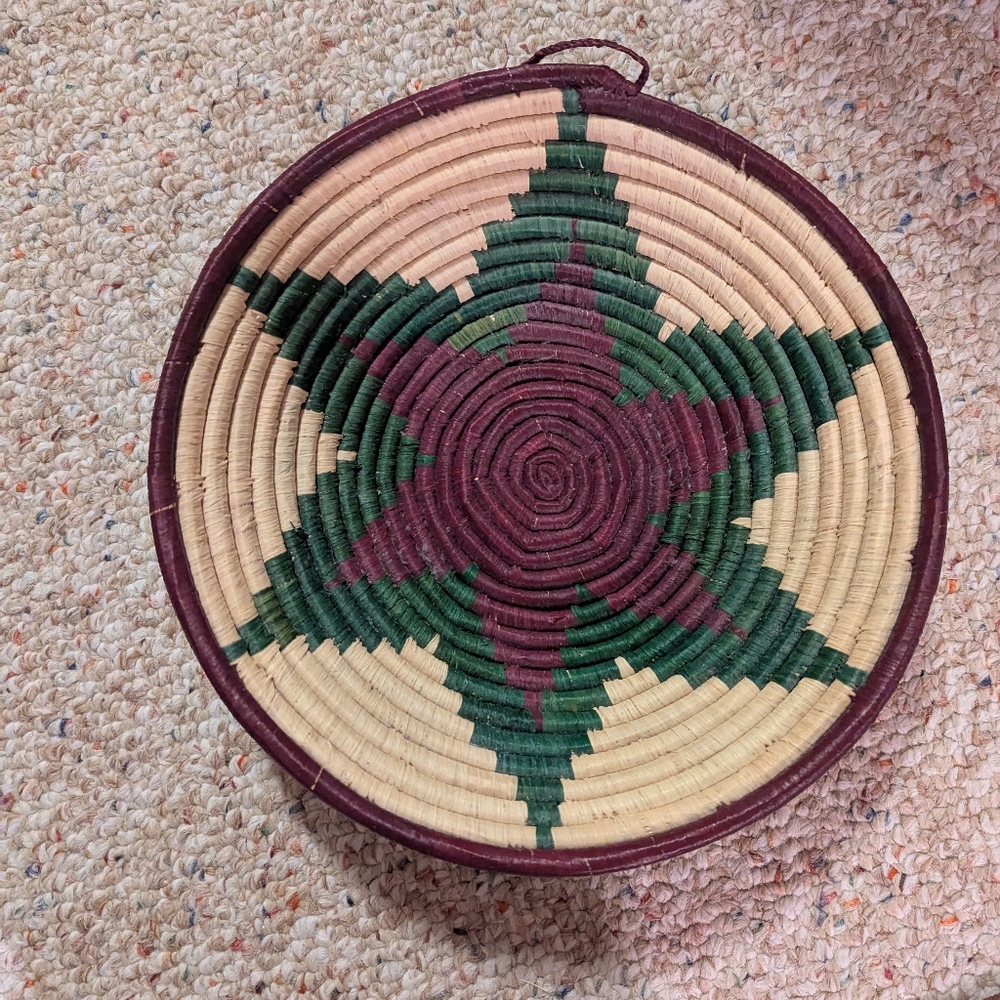 Coiled Burgundy, Green, and tan backet